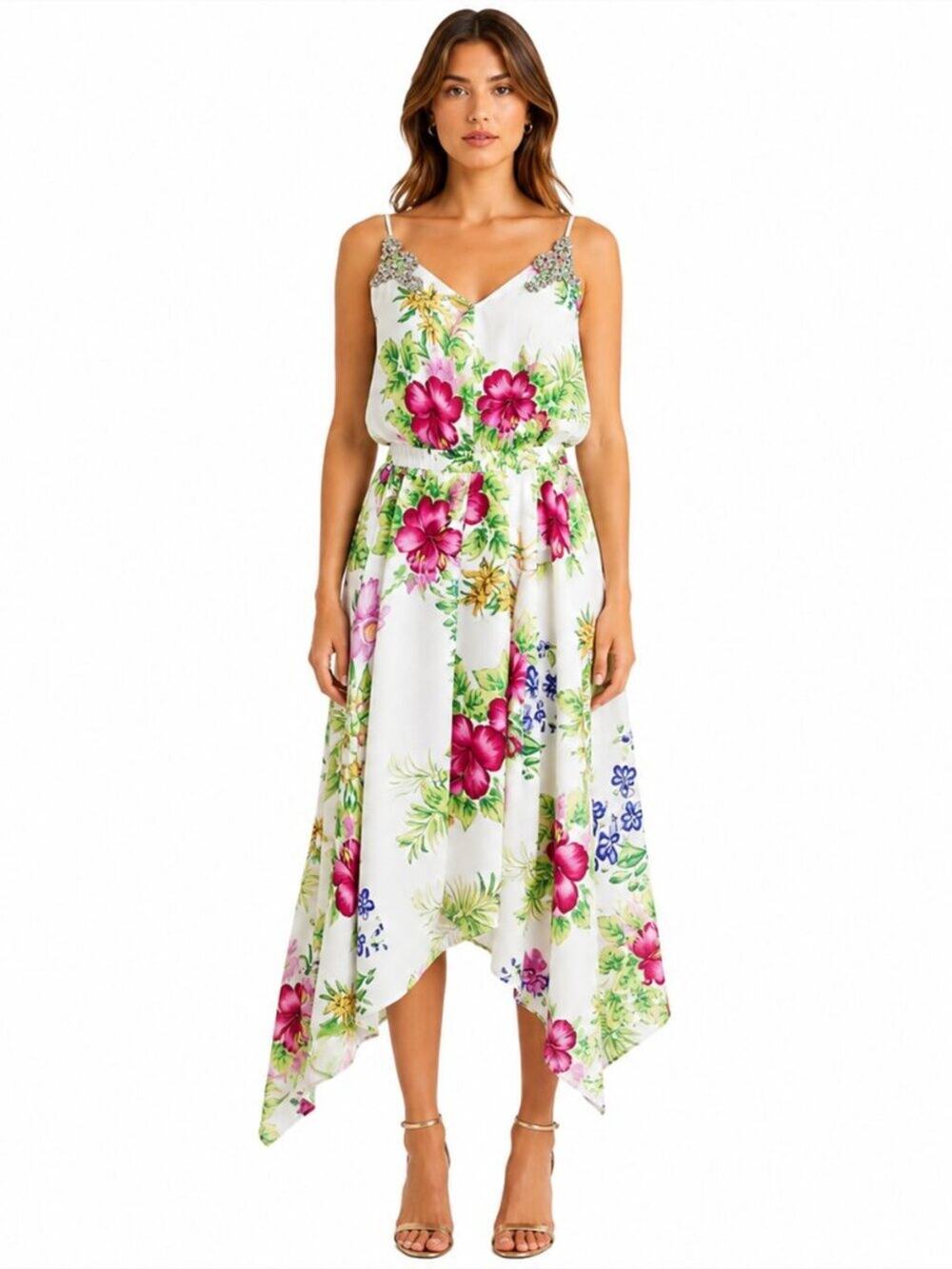 Dodo Bar Or Valentina Dress Tropical Floral Crystal Strap Asymmetrical IT 40 (4)